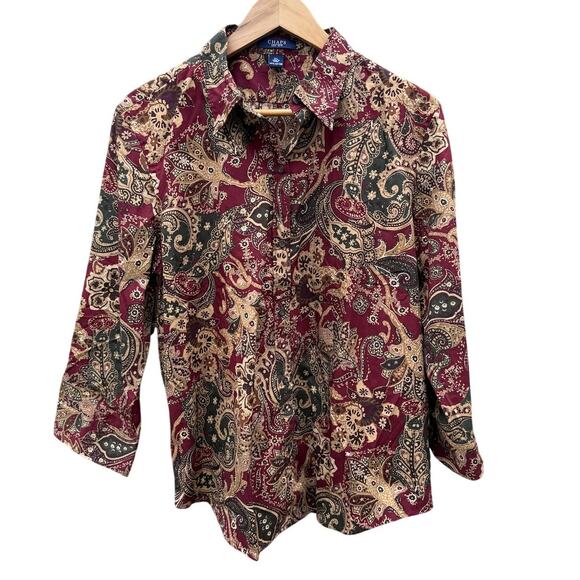 Chaps No Iron Button Up Shirt Womens XL Red Paisley Long Sleeve Cotton - Picture 1 of 5